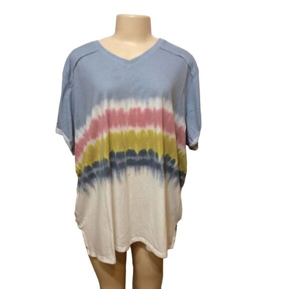 C Active Women Short Sleeve Tops V Neck 26 28W Ombre White Blue Red And Yellow - Picture 1 of 3